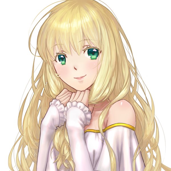 Anime picture 800x800 with aldnoah.zero a-1 pictures asseylum vers allusia lilianess single long hair looking at viewer blush fringe simple background blonde hair smile white background bare shoulders green eyes upper body off shoulder sleeves past wrists portrait holding hair