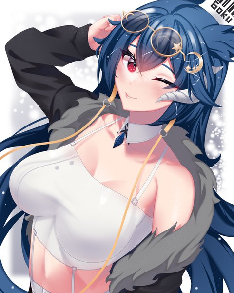 Anime picture 4000x5000 with original goku (artist) single long hair tall image looking at viewer blush fringe highres breasts light erotic smile red eyes large breasts signed blue hair absurdres upper body one eye closed arm up