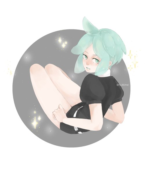 Anime picture 2225x2612 with houseki no kuni phosphophyllite tsukkimei single tall image looking at viewer highres short hair white background green eyes signed full body aqua hair sparkle puffy sleeves twitter username androgynous uniform