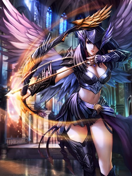 Anime picture 3000x4000 with original chaosringen single long hair tall image fringe highres breasts black hair large breasts standing purple eyes cleavage hair over one eye realistic midriff glowing angel wings fighting stance frown