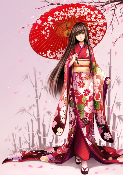 Anime picture 954x1349 with original akiko (original) zenithomocha single long hair tall image smile brown hair brown eyes traditional clothes japanese clothes lips cherry blossoms pink background girl plant (plants) petals tree (trees) belt kimono