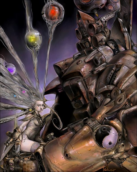 イラスト 679x852 と オリジナル noah-kh 長髪 長身像 座る eyes closed エルフ耳 grey hair dark background fantasy mechanical 妖精 女の子 ストッキング 翼 ロボット machine