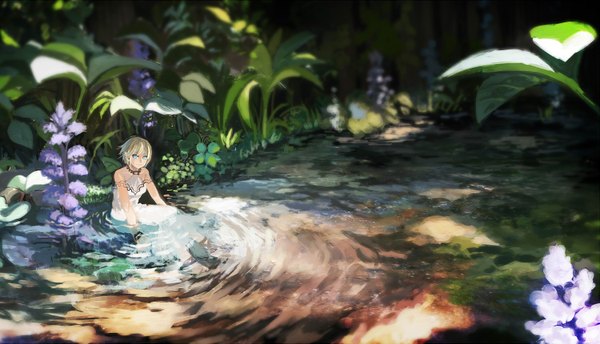 Anime picture 1500x861 with original bone (stare) single short hair blue eyes blonde hair wide image sitting light smile sunlight nature minigirl girl dress plant (plants) tree (trees) water white dress grass forest