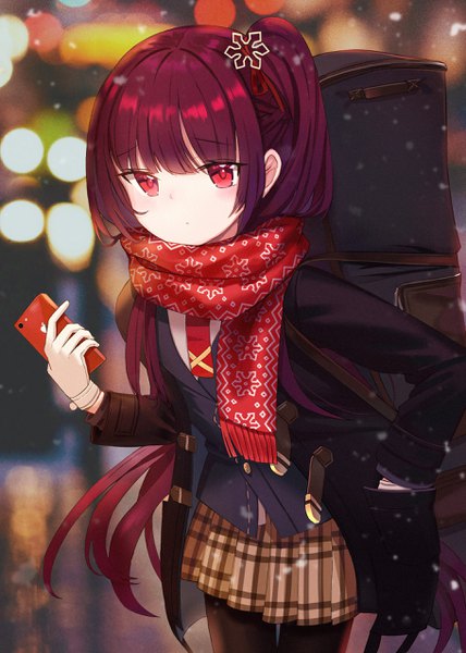 Anime picture 1819x2551 with girls frontline apple inc. wa2000 (girls frontline) iren lovel single long hair tall image highres red eyes purple hair outdoors one side up plaid skirt snowing hand in pocket snowflake print girl skirt uniform hair ornament