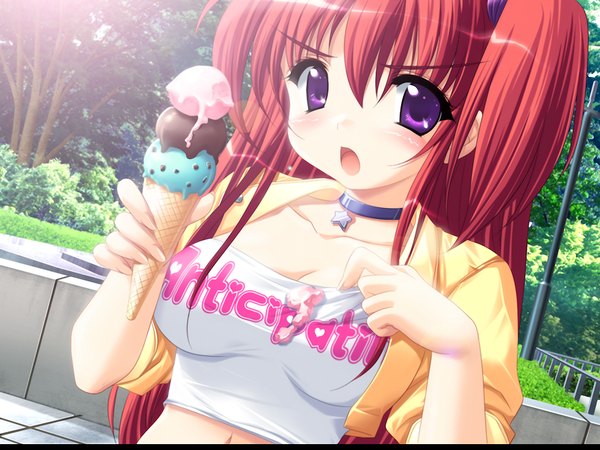 Anime picture 1024x768 with moero downhill night 2 asahina rinka emily (pure dream) single long hair fringe open mouth light erotic hair between eyes purple eyes game cg upper body outdoors red hair girl choker food sweets ice cream