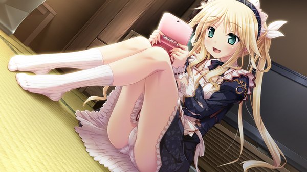 Anime picture 1280x720 with chrono clock dorothy davenport koku single long hair blush open mouth blue eyes light erotic blonde hair wide image twintails game cg maid girl dress uniform underwear panties socks