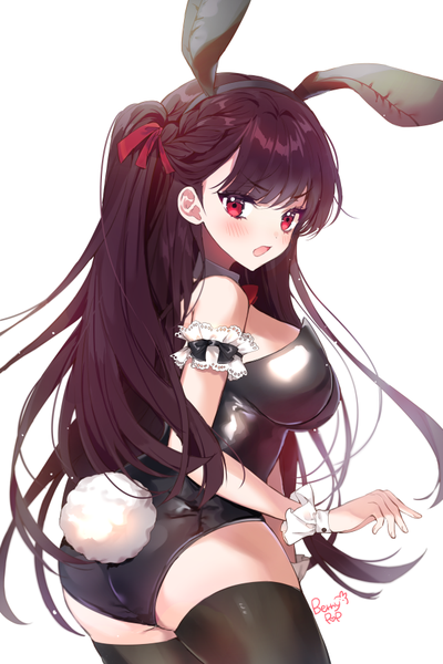 Anime picture 600x900 with girls frontline wa2000 (girls frontline) chii (nyaong9) single long hair tall image looking at viewer blush fringe breasts open mouth light erotic simple background red eyes brown hair large breasts white background signed animal ears ass