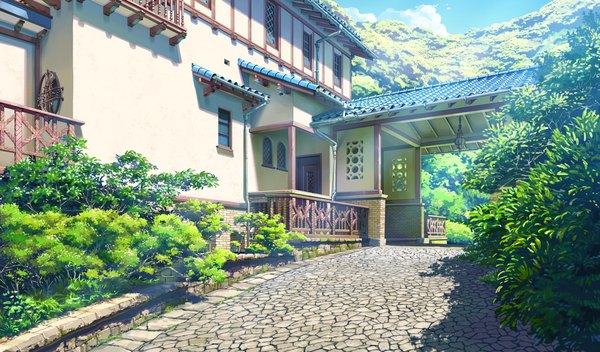 Anime picture 1360x800 with shoujo shin'iki wide image game cg shadow no people landscape plant (plants) tree (trees) window house road
