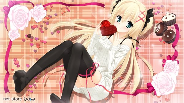 Anime picture 1500x844 with original kobuichi single long hair looking at viewer blush fringe simple background blonde hair smile hair between eyes wide image twintails bare shoulders holding green eyes payot full body bent knee (knees) no shoes