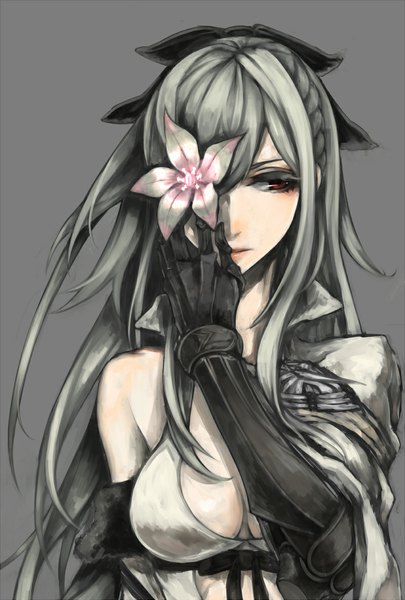 Anime picture 800x1184 with drakengard zero (drag-on dragoon) shuu-0208 single long hair tall image fringe breasts looking away braid (braids) lips grey hair grey background glowing eyebrows flower over eye girl flower (flowers) bow eyepatch