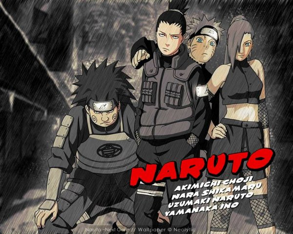 Anime picture 1024x819 with naruto studio pierrot naruto (series) uzumaki naruto yamanaka ino nara shikamaru akimichi chouji long hair fringe short hair black hair blonde hair aqua eyes hair over one eye inscription hand on hip facial mark group whisker markings hands in pockets