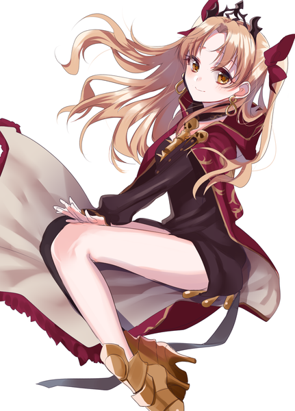 Anime picture 1581x2200 with fate (series) fate/grand order ereshkigal (fate) sinsihukunokonaka single long hair tall image looking at viewer blush fringe simple background blonde hair white background yellow eyes long sleeves light smile high heels two side up floating hair hand on knee