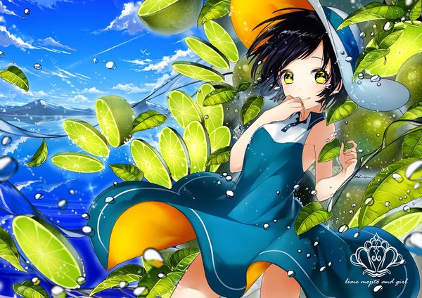 Anime picture 1404x993 with original sogawa single looking at viewer short hair black hair smile standing sky cloud (clouds) wind text reflection mountain english hand to mouth girl dress hat sea