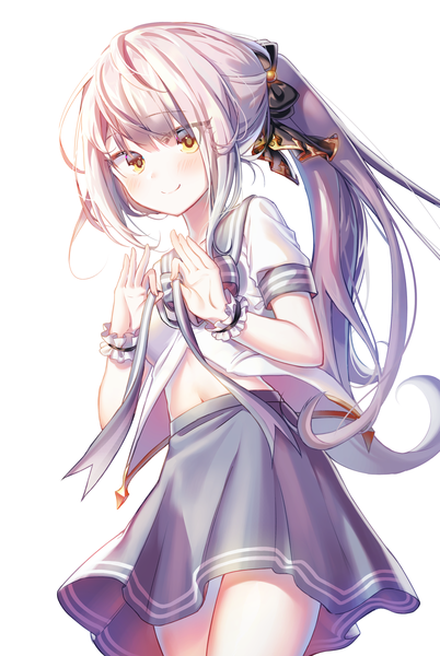 Anime picture 2346x3499 with original yampa alpha (ypalpha79) single long hair tall image looking at viewer blush fringe highres smile hair between eyes standing white background holding yellow eyes silver hair ponytail short sleeves girl