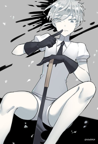 Anime-Bild 688x1000 mit houseki no kuni antarcticite mujun atama single tall image fringe short hair sitting signed silver hair hair over one eye grey background sparkle puffy sleeves twitter username silver eyes androgynous gloves weapon sword