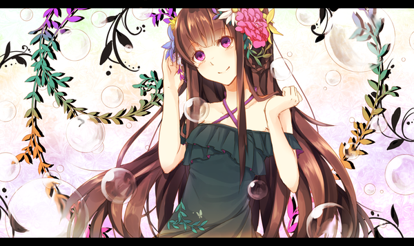 Anime picture 1667x990 with original gensou aporo single long hair blush fringe smile brown hair wide image purple eyes bare shoulders looking away hair flower hand on head girl hair ornament flower (flowers) plant (plants) insect butterfly