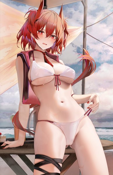 Anime picture 3667x5668 with arknights fiammetta (arknights) ru zhai single tall image looking at viewer blush fringe highres breasts open mouth light erotic hair between eyes red eyes standing absurdres sky cleavage cloud (clouds) outdoors