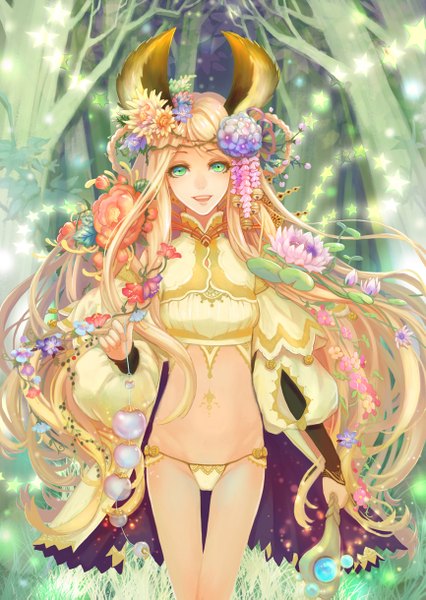 Anime picture 865x1219 with original teddy yang single long hair tall image looking at viewer blush open mouth light erotic blonde hair smile green eyes animal ears hair flower open clothes bare belly midriff girl hair ornament underwear