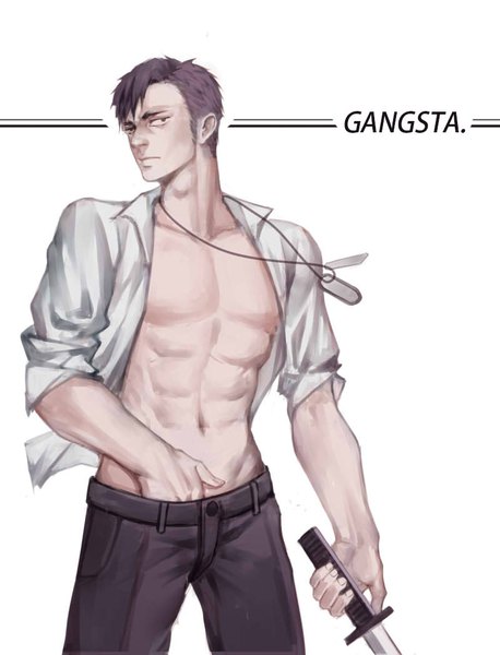 Anime picture 800x1049 with gangsta. nicolas brown danial single tall image looking at viewer fringe short hair light erotic black hair simple background standing white background holding wind black eyes open shirt copyright name muscle abs