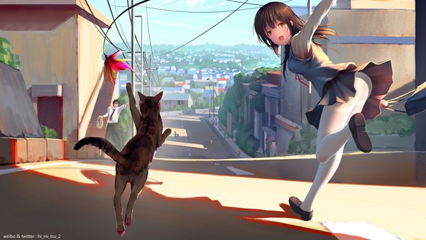 Anime picture 1920x1080 with original tokinohimitsu long hair looking at viewer highres light erotic brown hair wide image brown eyes signed ass long sleeves city solo focus cityscape running street girl boy skirt