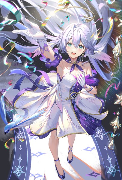 Anime picture 2352x3469 with honkai: star rail honkai (series) robin (honkai: star rail) al guang single long hair tall image looking at viewer fringe highres open mouth hair between eyes standing silver hair full body :d arm up aqua eyes head wings girl