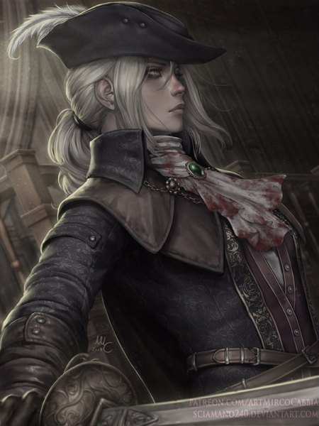 Anime-Bild 1650x2200 mit bloodborne from software lady maria of the astral clocktower sciamano240 single long hair tall image fringe blue eyes hair between eyes holding signed payot looking away upper body white hair indoors profile realistic watermark