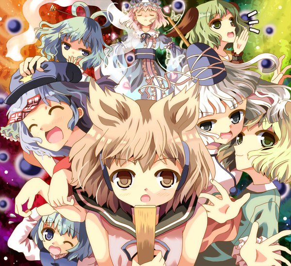 Anime picture 1050x962 with touhou saigyouji yuyuko tatara kogasa toyosatomimi no miko kaku seiga mononobe no futo miyako yoshika kasodani kyouko soga no tojiko hazakura satsuki blush short hair open mouth blue eyes blonde hair smile multiple girls brown eyes green eyes animal ears