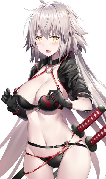 Anime picture 720x1212 with fate (series) fate/grand order jeanne d'arc (fate) (all) jeanne d'arc alter (fate) jeanne d'arc alter (swimsuit berserker) (fate) rin yuu single long hair tall image looking at viewer blush fringe breasts open mouth light erotic simple background hair between eyes large breasts standing white background