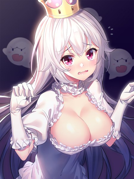 Anime picture 900x1200 with super mario bros. new super mario bros. u deluxe princess king boo boo (mario) ririko (zhuoyandesailaer) single long hair tall image looking at viewer blush breasts open mouth light erotic simple background large breasts cleavage silver hair upper body pink eyes puffy sleeves
