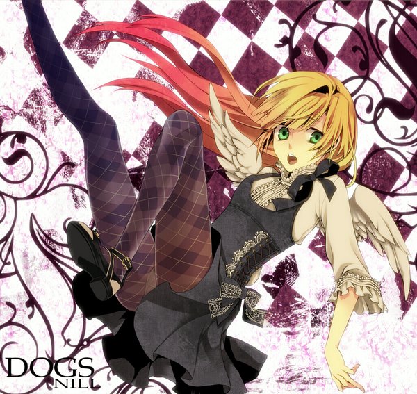 Anime picture 1024x969 with dogs: bullets & carnage david production nill macco (artist) single light erotic blonde hair green eyes multicolored hair pantyshot legs checkered background rhombus girl dress underwear panties wings