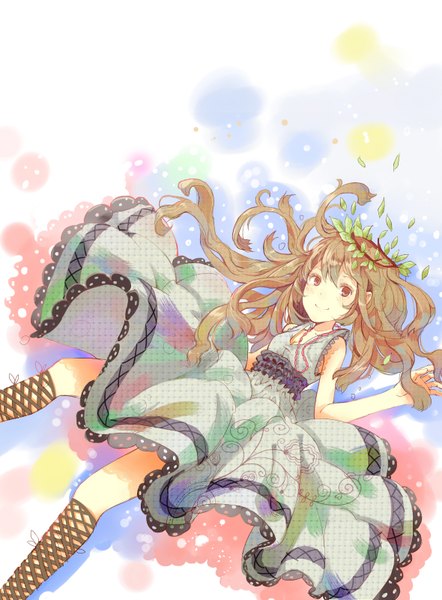 Anime picture 1180x1600 with original mconch single long hair tall image looking at viewer blush simple background smile brown hair bare shoulders brown eyes lying girl dress socks leaf (leaves) beads wreath