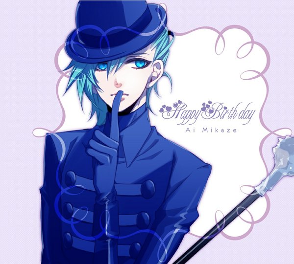 Anime picture 1000x900 with uta no prince-sama a-1 pictures mikaze ai hatoya (artist) single short hair blue eyes looking away aqua eyes aqua hair finger to mouth polka dot purple background polka dot background boy gloves hat cane