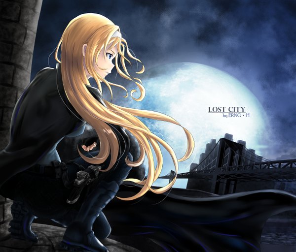 Anime picture 2530x2160 with sword art online sword art online: alicization a-1 pictures alice zuberg erng.h single long hair fringe highres blue eyes blonde hair looking away full body outdoors profile wind from behind night alternate costume night sky