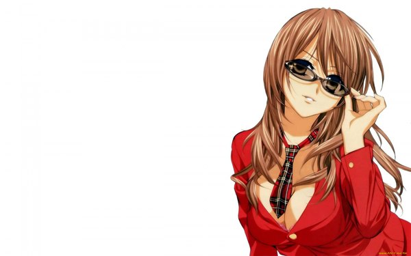 Anime picture 1920x1200 with original tenhiro naoto single long hair looking at viewer highres breasts light erotic simple background brown hair wide image large breasts white background brown eyes cleavage light smile between breasts adjusting sunglasses girl shirt