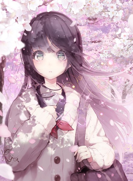 Anime picture 1003x1367 with original hoshizaki reita single long hair tall image looking at viewer blush fringe brown hair standing green eyes signed upper body outdoors blunt bangs long sleeves parted lips wind sparkle cherry blossoms