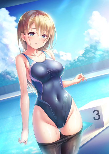 Anime picture 1062x1500 with original yuurei yashiki single long hair tall image looking at viewer blush fringe breasts open mouth blue eyes light erotic blonde hair hair between eyes standing sky cloud (clouds) outdoors sunlight groin