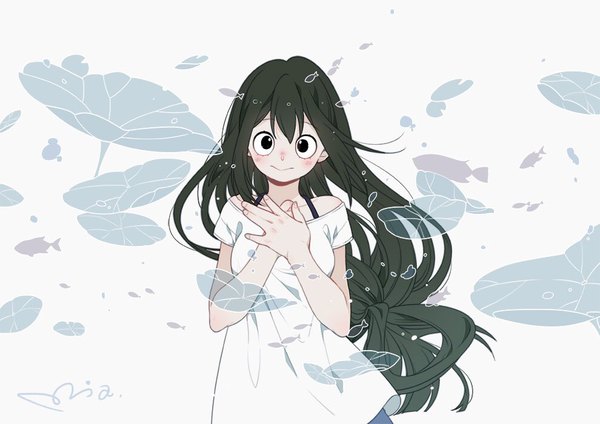 Anime picture 990x700 with boku no hero academia studio bones asui tsuyu mia0309 single long hair looking at viewer fringe black hair smile hair between eyes signed upper body wind black eyes girl flower (flowers) animal fish (fishes) water lily