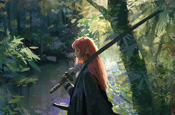 Anime picture 1920x1264 with original hou china single long hair fringe highres standing holding looking away outdoors red hair profile black eyes nature weapon over shoulder stream girl weapon plant (plants) sword