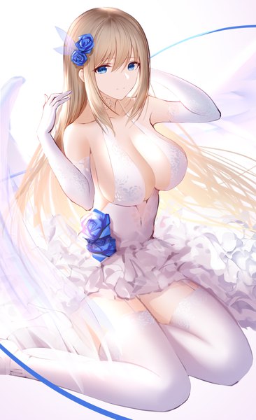 Anime picture 2500x4093 with warship girls r lexington (warship girls r) an yasuri single long hair tall image looking at viewer fringe highres breasts blue eyes light erotic simple background blonde hair smile hair between eyes large breasts white background sitting bare shoulders