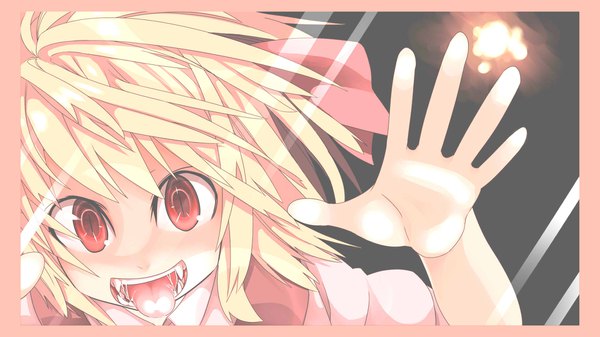 Anime picture 1920x1080 with touhou the embodiment of scarlet devil rumia shamo (koumakantv) single looking at viewer fringe highres open mouth blonde hair smile red eyes wide image teeth fang (fangs) wallpaper border close-up saliva slit pupils