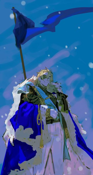 Anime picture 1200x2243 with fire emblem fire emblem: three houses nintendo dimitri alexandre blaiddyd matoba (ga6life) single tall image looking at viewer fringe short hair blue eyes blonde hair smile standing parted lips boy gloves white gloves pants eyepatch