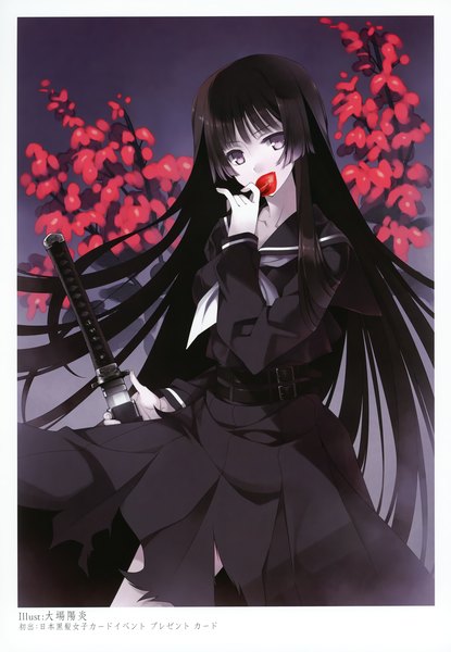Anime picture 2406x3475 with original ooba kagerou single long hair tall image looking at viewer highres black hair scan silver eyes girl weapon petals sword katana