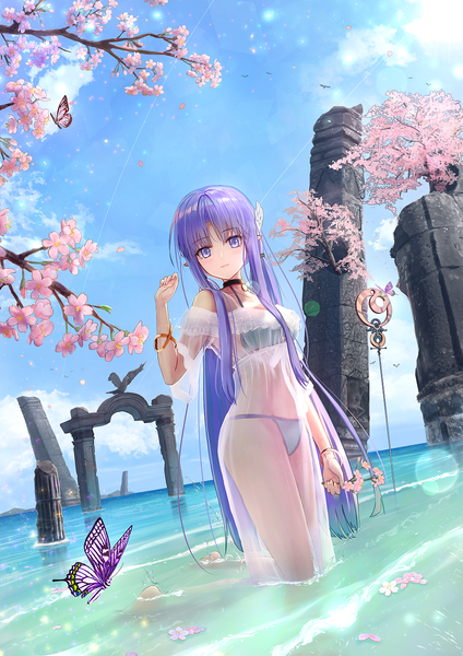 Anime picture 1000x1414 with fate (series) fate/grand order fate/stay night caster caster lily aomaru (shta-chu-jisuiai) single tall image looking at viewer fringe breasts light erotic standing purple eyes twintails holding sky purple hair cloud (clouds) full body