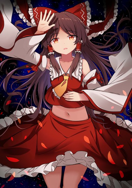 Anime picture 1000x1428 with touhou hakurei reimu e.o. single long hair tall image looking at viewer red eyes brown hair traditional clothes japanese clothes midriff nontraditional miko girl skirt navel bow hair bow detached sleeves skirt set