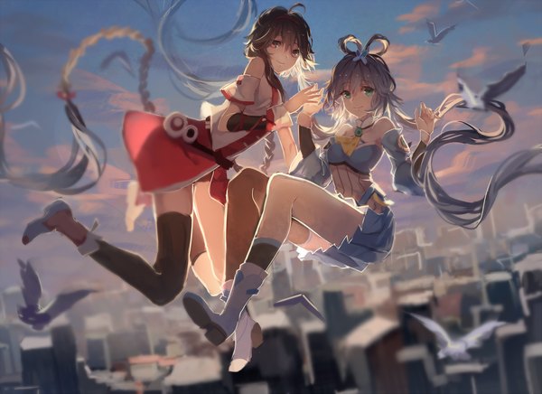 Anime picture 1376x1000 with vocaloid vocaloid china luo tianyi yuezheng ling hanayome looking at viewer fringe smile hair between eyes red eyes brown hair multiple girls cloud (clouds) full body ahoge bent knee (knees) braid (braids) very long hair traditional clothes aqua eyes