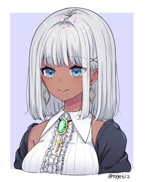 Anime picture 1200x1500 with original amopui single tall image fringe short hair blue eyes simple background smile signed silver hair upper body blunt bangs twitter username dark skin border purple background girl hair ornament earrings