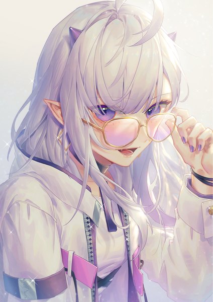 Anime picture 1061x1500 with original wenz single long hair tall image looking at viewer blush fringe open mouth simple background smile purple eyes purple hair upper body ahoge long sleeves nail polish :d multicolored hair horn (horns)