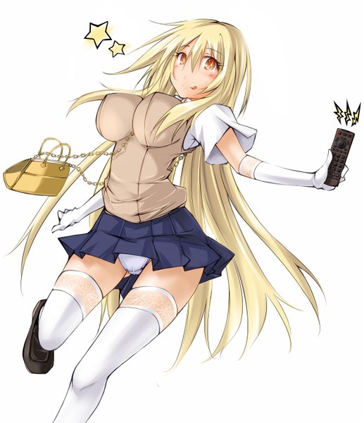 Anime picture 1200x1391 with to aru kagaku no railgun to aru majutsu no index j.c. staff shokuhou misaki kaminagi-tei single long hair tall image blush light erotic blonde hair yellow eyes + + girl thighhighs skirt uniform underwear panties school uniform