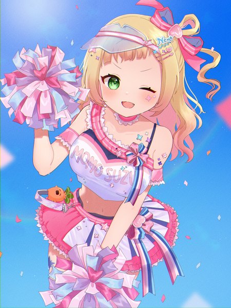 Anime picture 1536x2048 with virtual youtuber hololive momosuzu nene nekko (momosuzu nene) momosuzu nene (4th costume) rissaaaan single long hair tall image looking at viewer blush open mouth light erotic blonde hair smile green eyes sky cloud (clouds) one eye closed arm up