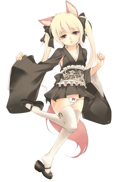 Anime picture 1393x2148 with tera online elin (tera) kuro (kuronell) single long hair tall image light erotic blonde hair simple background white background animal ears tail animal tail black eyes girl thighhighs dress underwear panties bow